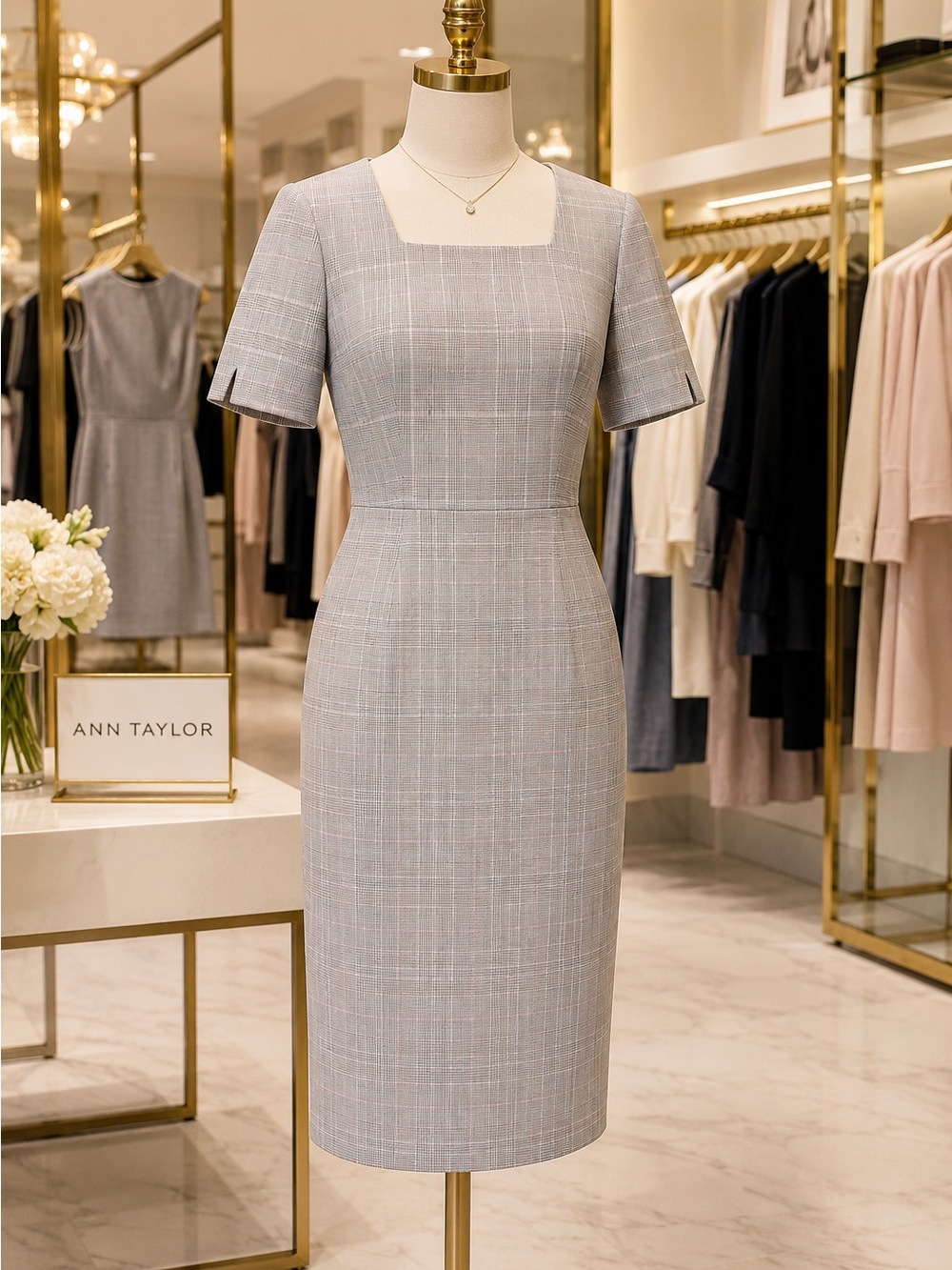 Ann Taylor NWT Gray Glen Plaid Sheath Dress Pink Windowpane Size 8